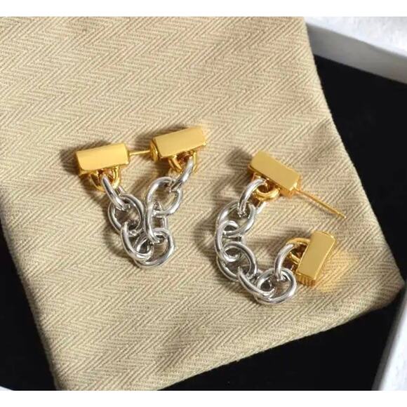 NEW Earrings Chunky Chain Front Back Barbell Two Tone Paco Rabanne STYLE AU31 - Picture 5 of 5